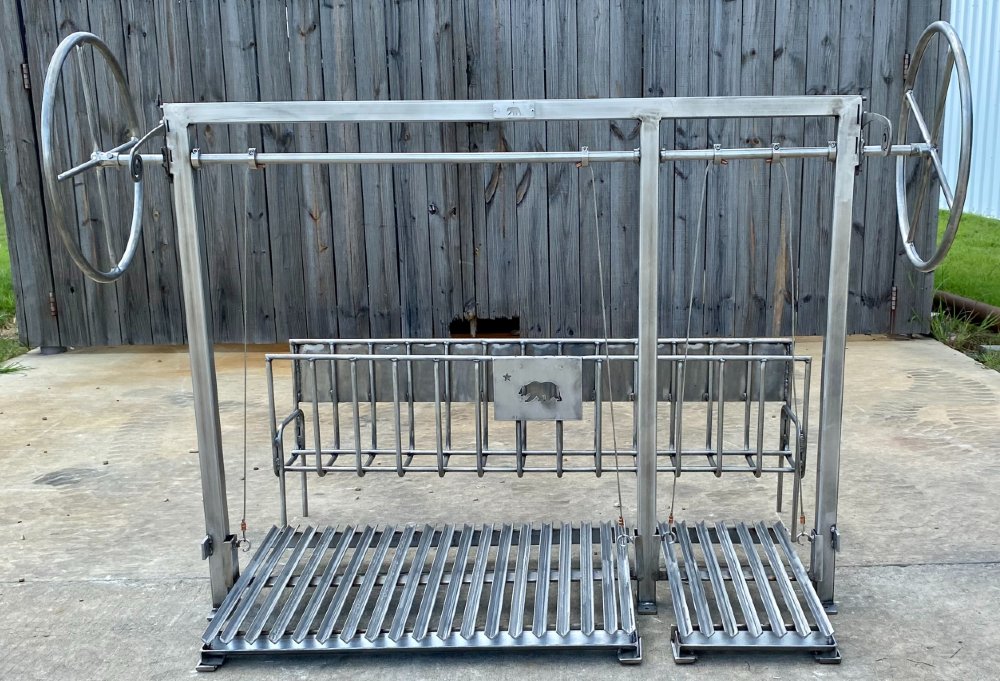 Argentine grill kit with split cooking grates, adjustable wheel lifts, and dual ember makers for precise wood-fire grilling in outdoor kitchens.