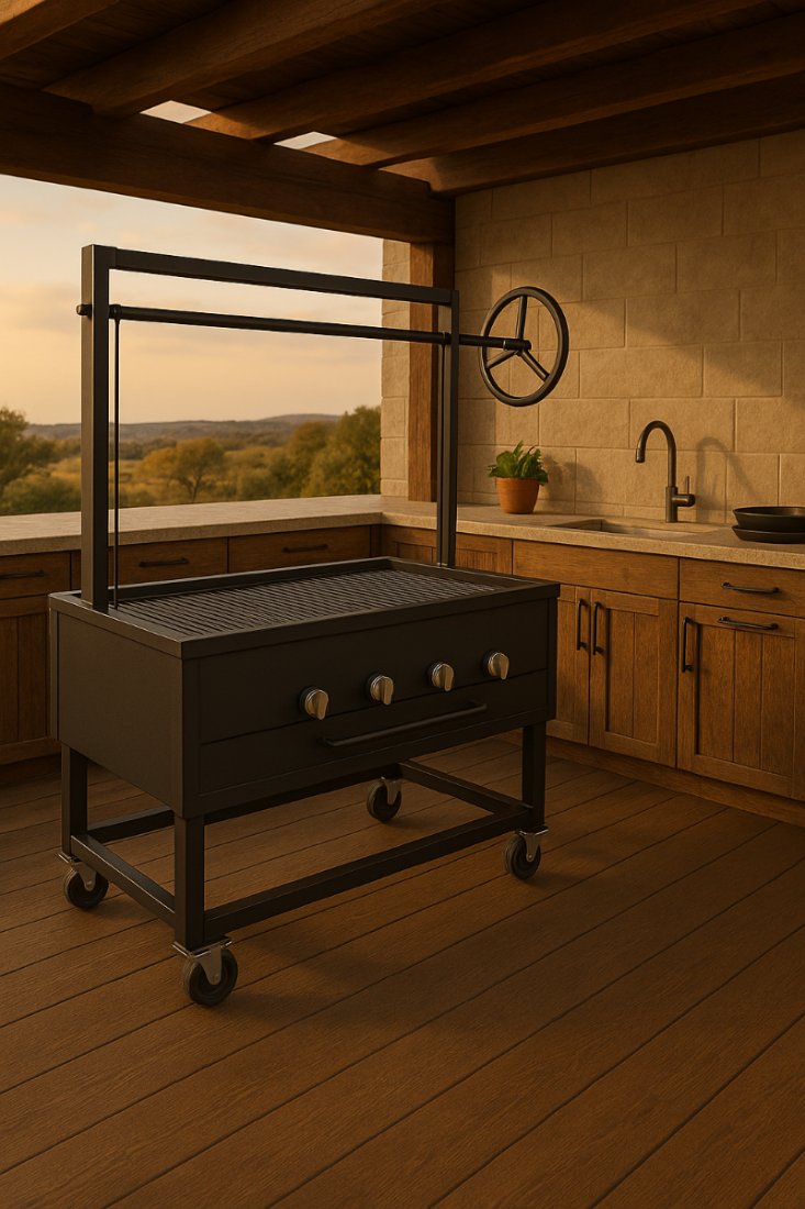 241128 Portable Hybrid Santa Maria Grill with Casters. All-in-one Charcoal, Gas, Wood BBQ Grill