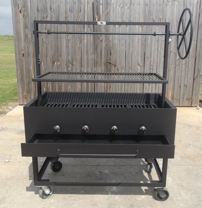 241128 Portable Hybrid Santa Maria Grill with Casters. All-in-one Charcoal, Gas, Wood BBQ Grill