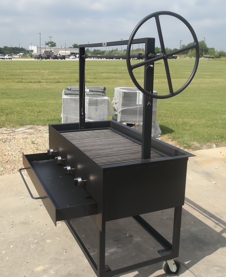 241128 Portable Hybrid Santa Maria Grill with Casters. All-in-one Charcoal, Gas, Wood BBQ Grill