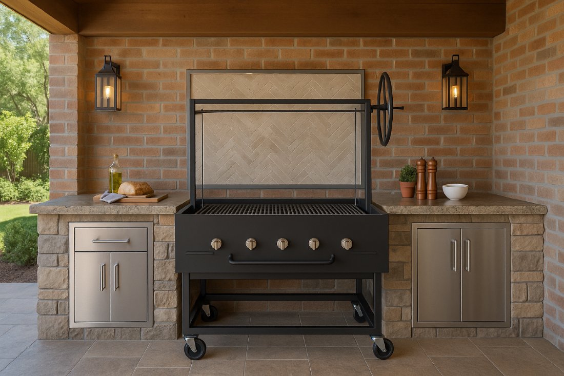 241128 Portable Hybrid Santa Maria Grill with Casters. All-in-one Charcoal, Gas, Wood BBQ Grill