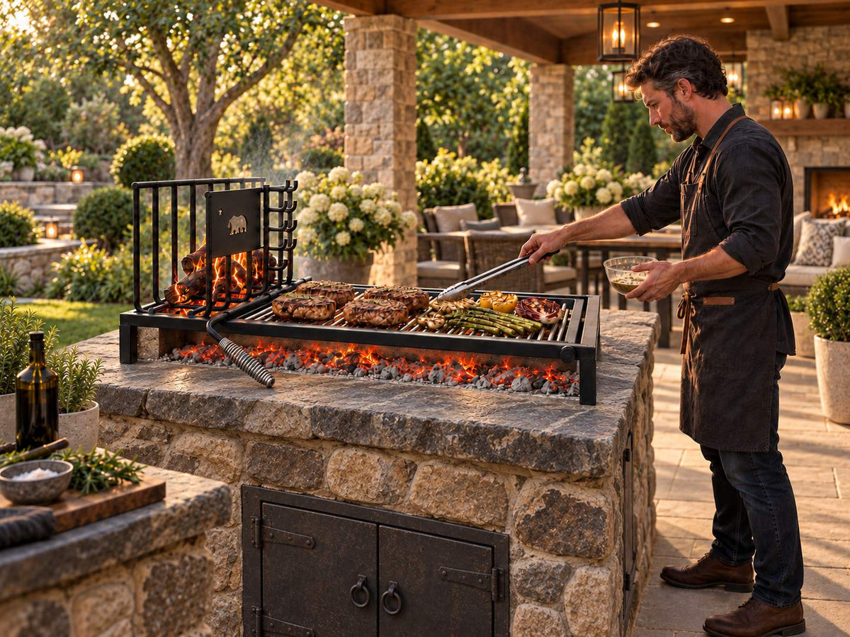 Person cooking meat and vegetables over embers on a 45-inch Uruguayan grill kit with side brasero in a rustic outdoor kitchen