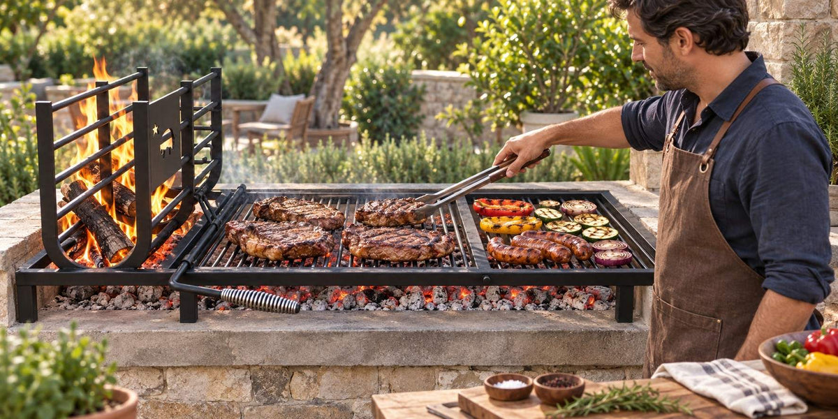 Man cooking steaks and vegetables on a Model 241302 Uruguayan grill kit with side brasero