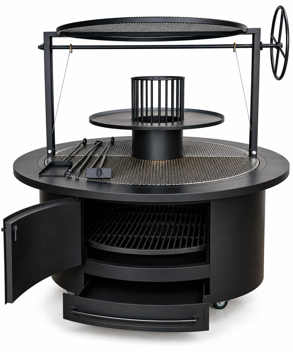 #3044 round commercial charbroiler with open front showing adjustable-height fuel grate