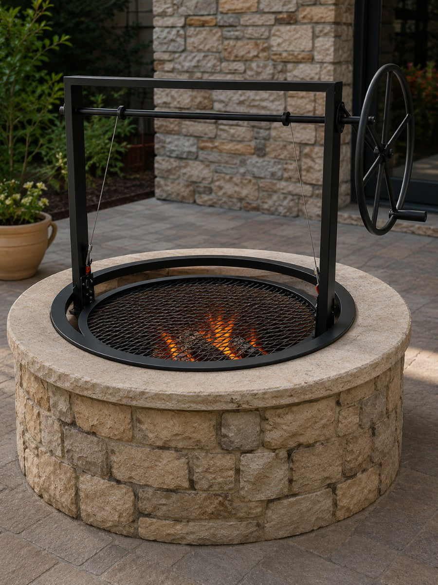 #4321 Round Santa Maria Grill Kit with flange installed on a round masonry fire pit with adjustable cooking grate and side hand wheel.