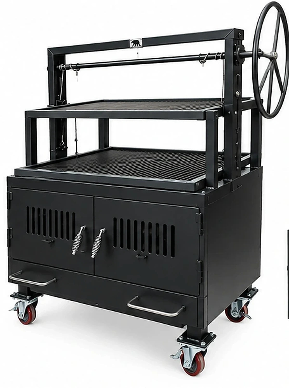 NSF Certified Model #4446 Commercial Tiered Charbroiler Grill, angled view showing two cooking levels, side-mounted hand wheel, enclosed firebox, and heavy-duty casters.