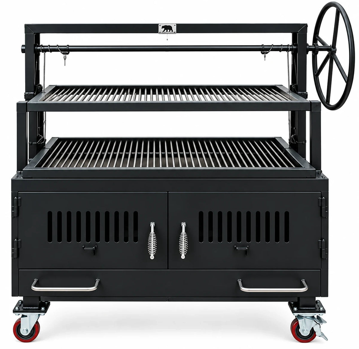 NSF Certified Model #4446 Commercial Tiered Charbroiler Grill, front view showing two cooking levels, adjustable grate, side hand wheel, and enclosed firebox.