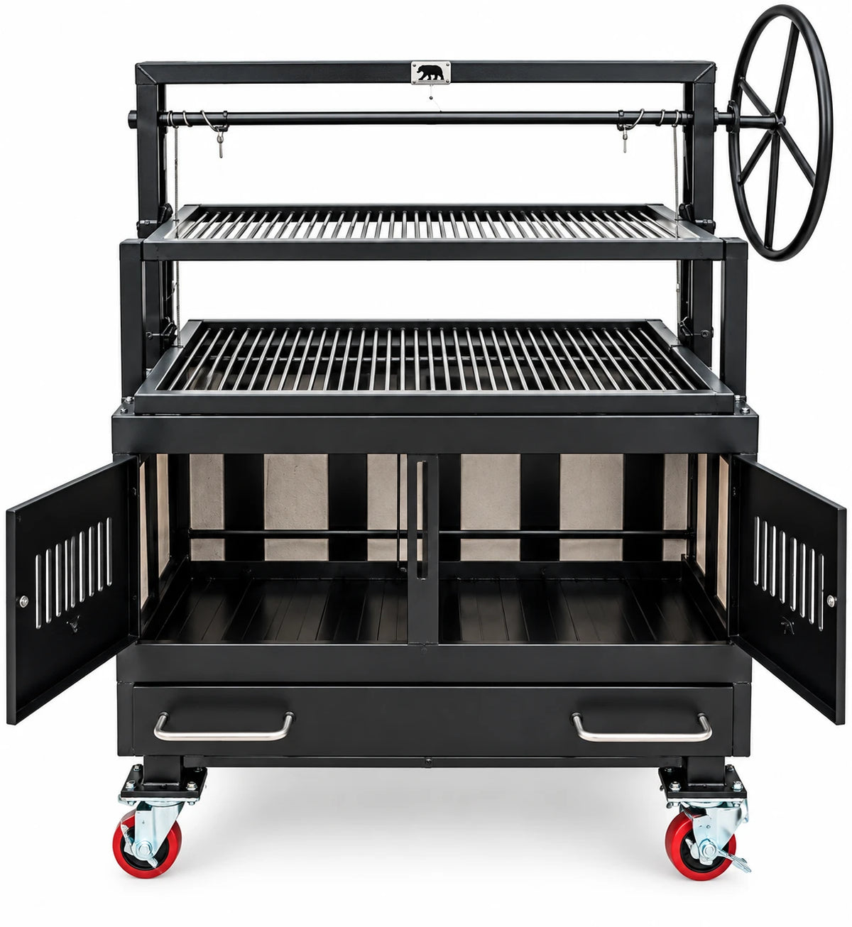 NSF Certified Model #4446 Commercial Tiered Charbroiler Grill with front firebox doors open, showing the interior firebox and adjustable cooking grates.