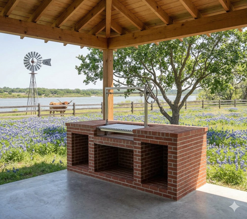 Argentine BBQ grill kit installed in a brick masonry firebox with adjustable wheel height control in an outdoor covered patio overlooking a Texas ranch landscape