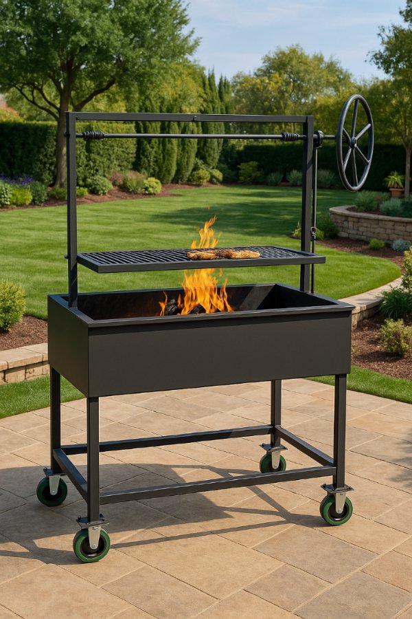 Santa Maria BBQ Grill #4776 with Castered Legs – heavy-duty, fully welded 14" firebox – available in Black Steel or All-Stainless Steel