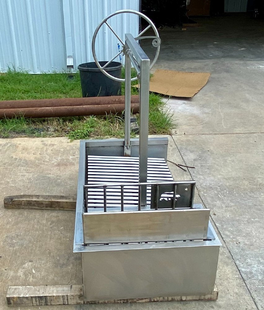 Stainless Steel Argentine Built-In BBQ Grill with Firebox and Side Brasero featuring adjustable V-grate and drip pan, includes matching 3-piece Stainless Steel BBQ Tool Set.