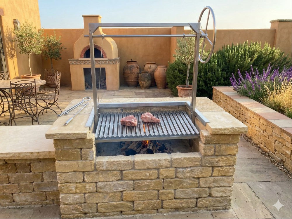 Model #4546 Argentine architectural grill with 3-sided flange installed in a stone masonry firebox, cooking steaks over a wood fire with adjustable wheel height control in an outdoor kitchen.