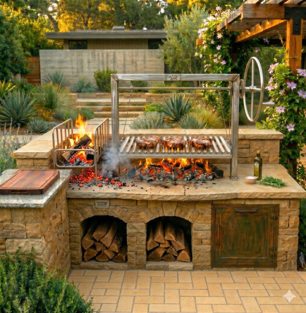 Heritage Backyard Argentine grill kit and brasero on stone outdoor kitchen. High-performance wood-fired BBQ setup.