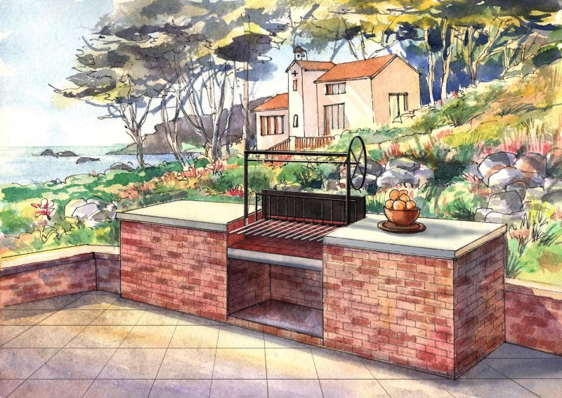 Argentine-style adjustable grill with rear brasero installed in a brick masonry outdoor kitchen, featuring a side wheel height adjustment and round rod grate in a scenic coastal backyard setting