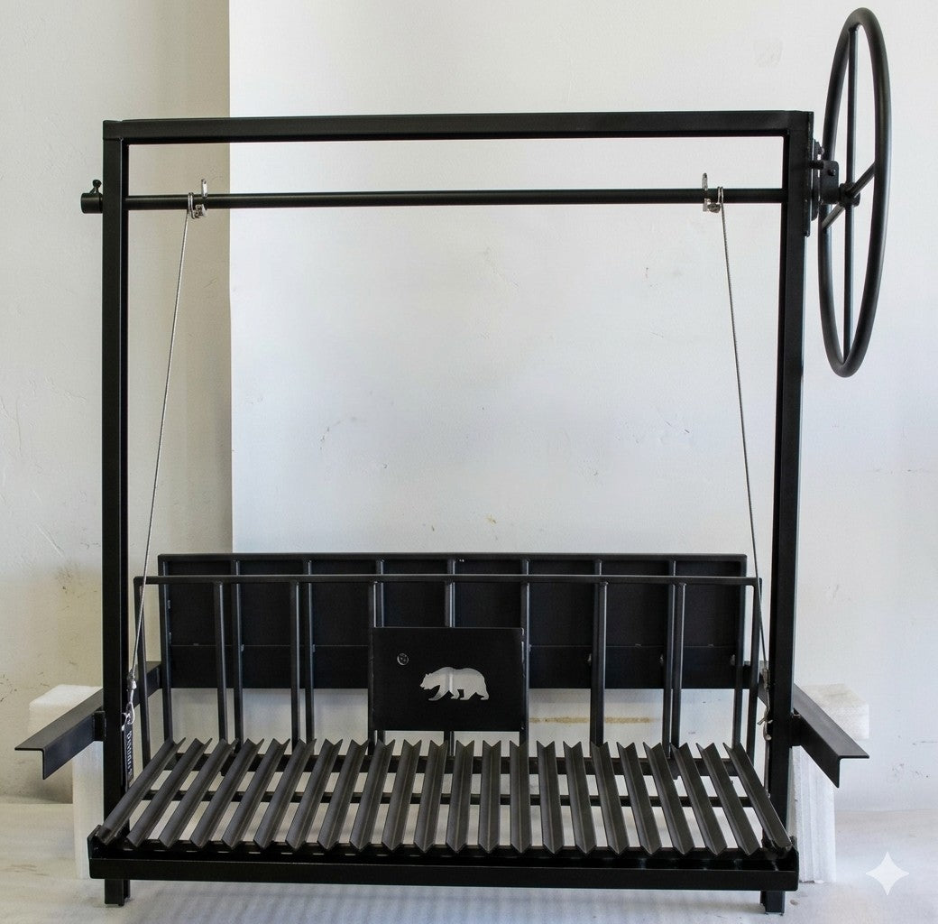 Black steel Argentine grill with rear brasero and 3-sided flange, featuring an adjustable V-grate and side wheel for wood or charcoal grilling.