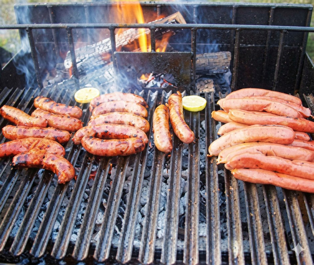 Sausages grilling over hot coals on an Argentine V-grate with a rear brasero burning wood in the background for authentic wood-fired cooking.