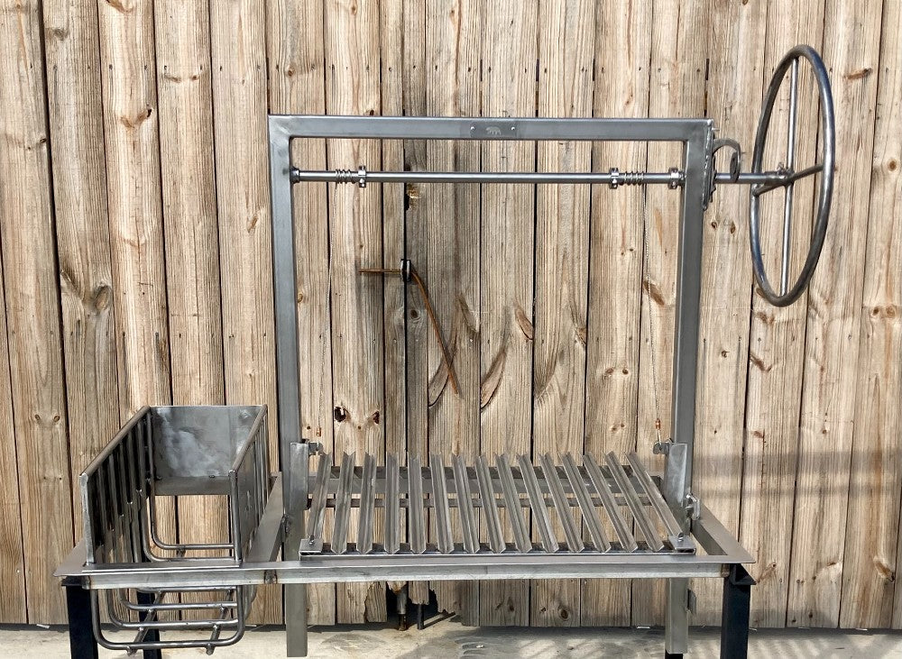 Stainless steel Argentine grill kit with side brasero and 4-sided flange showing close-up of the stainless V-grate and ember maker.