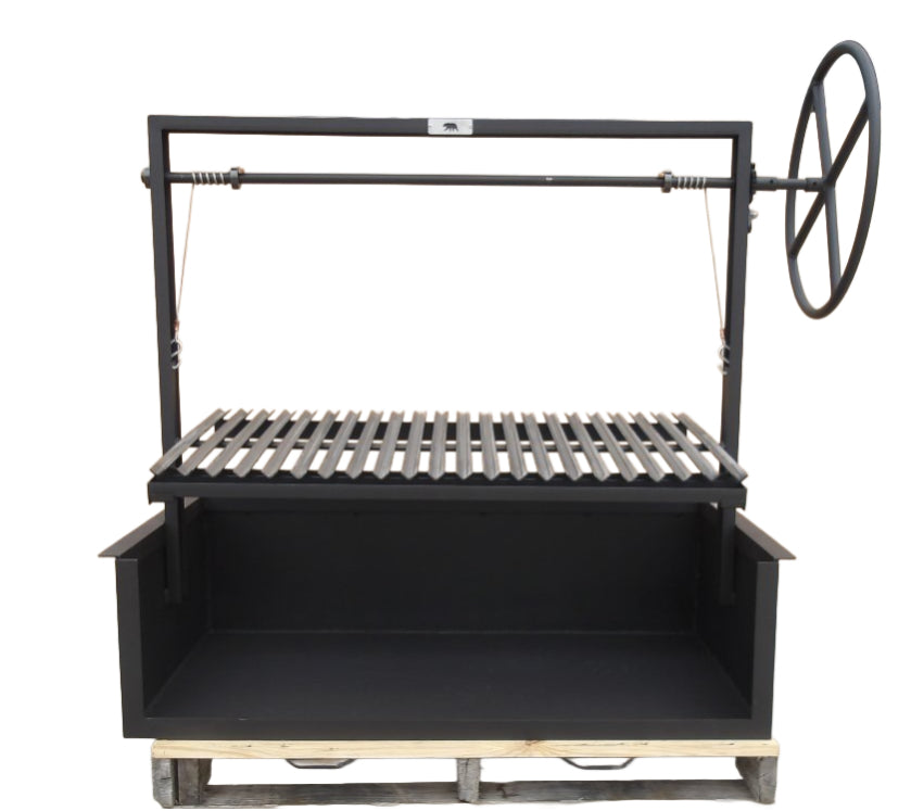 Argentine Built-In Grills with a Steel Firebox, Argentine V-Grate with Drip Pan, Side Wheel to Raise and Lower the Height of the Grill Grate.