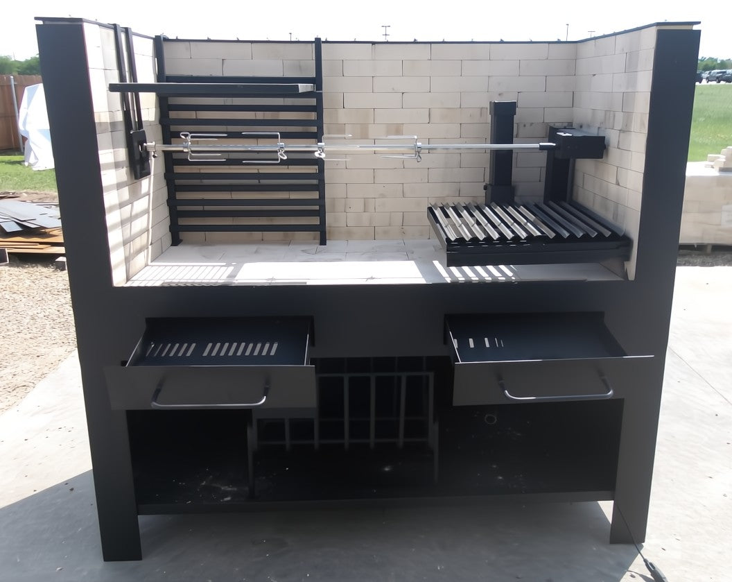 Model 021425 NSF Firetable Grill front view showing Pinch System Workstation and Adjustable Height Grate using a Cableless System with Full Length Rotisserie and Two Ash Drawers