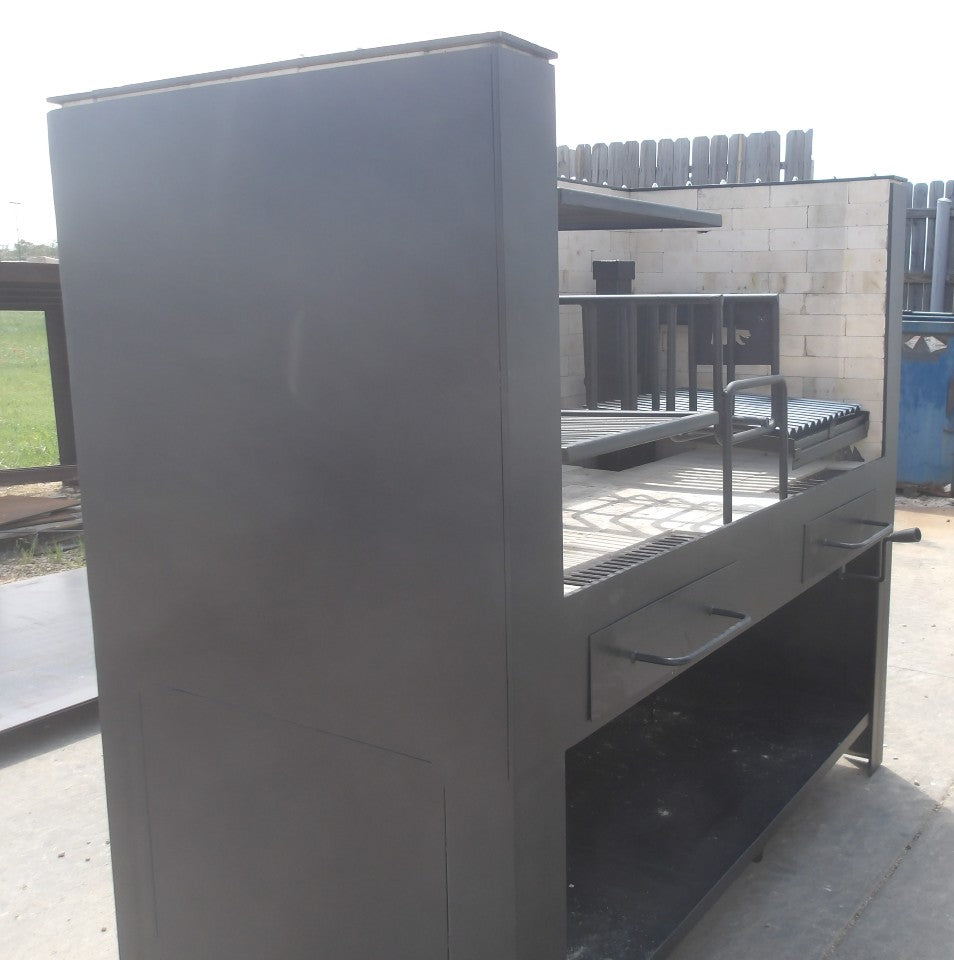 Model 021425 NSF Firetable Grill side view showing Pinch System Workstation and Adjustable Height Grate using a Cableless System with Heavy Duty Center Ember Maker and Two Ash Drawers