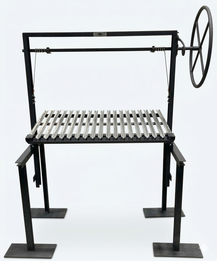 Model #4546 Argentine grill kit with 3-sided flange, black steel frame and stainless V-grate with adjustable wheel height control for masonry firebox installation.