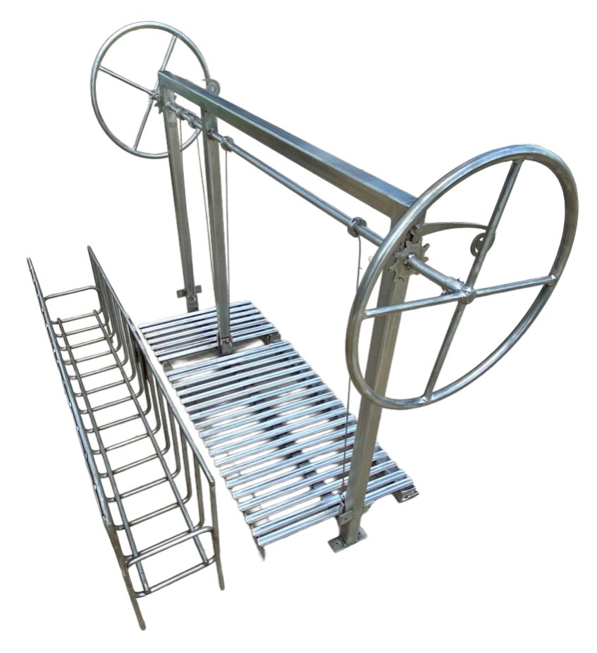 All stainless split Argentine grill with dual rear braseros and adjustable V-grates designed for wood-fired cooking in a masonry firebox.