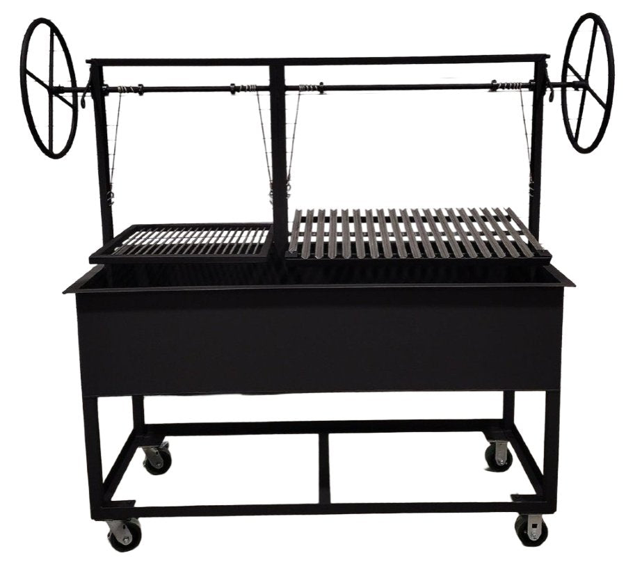 Portable 60" Split Santa Maria BBQ Grill with Two independent adjustable height grill grates for dual-zone cooking.