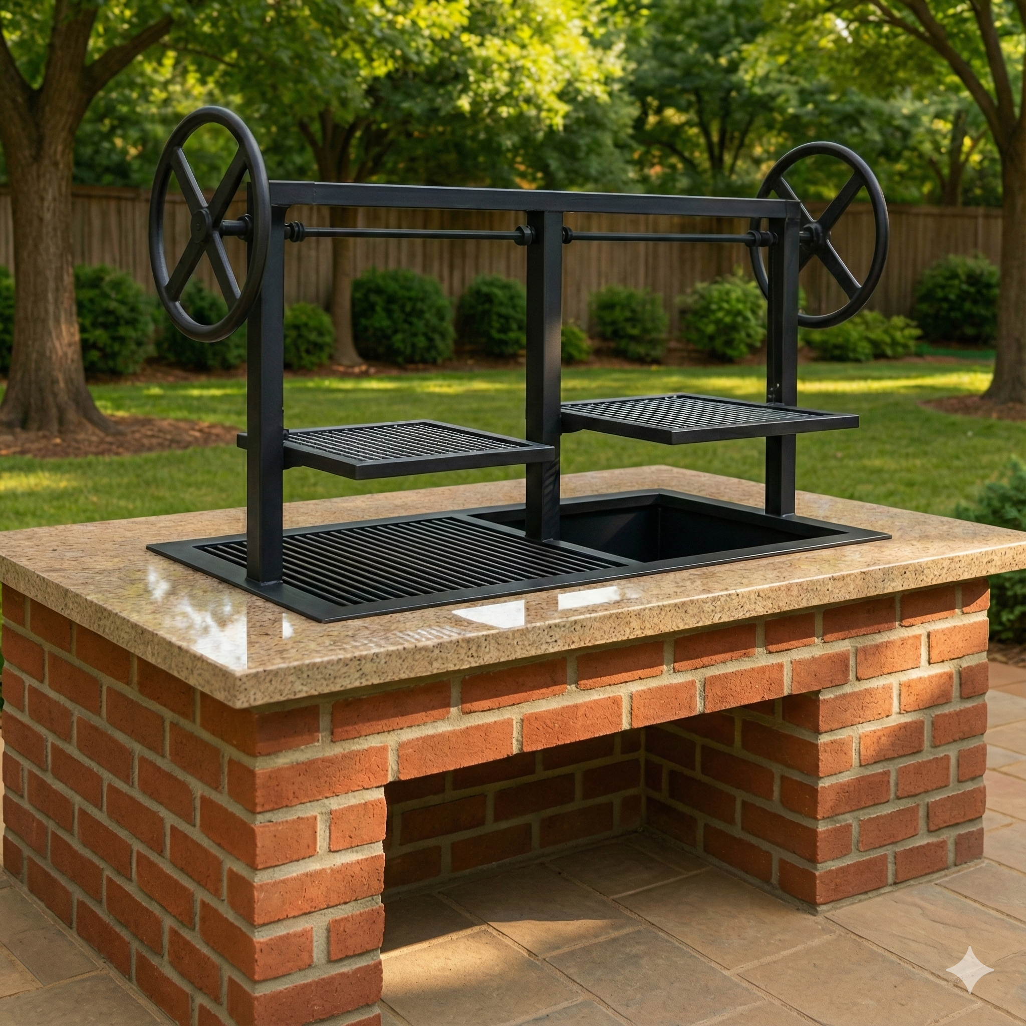 Black steel Split Santa Maria Counter Drop-In Grill installed in a brick and granite outdoor kitchen island. Features two independent height-adjustable grates controlled by side handwheels.