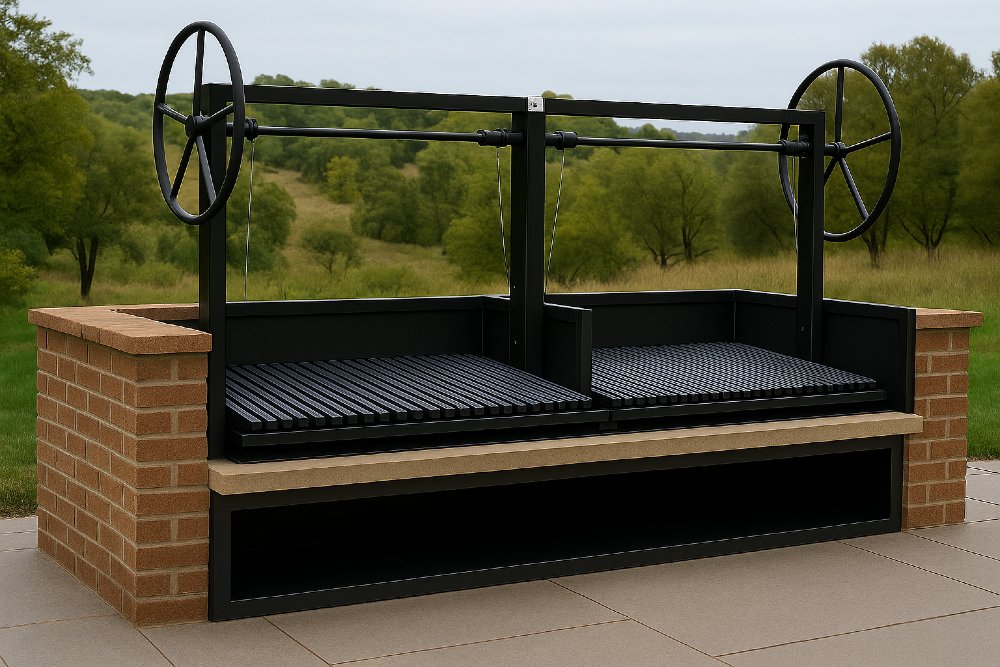 Split Argentine grill with dual height adjustment wheels