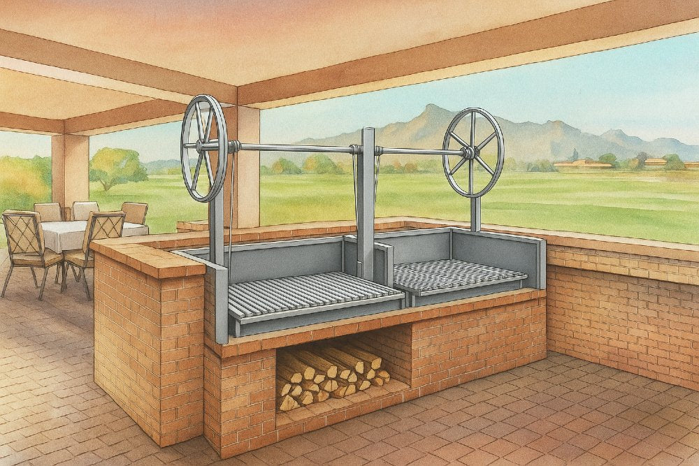 Stainless Steel Open-front Argentine built-in grill installed in outdoor kitchen