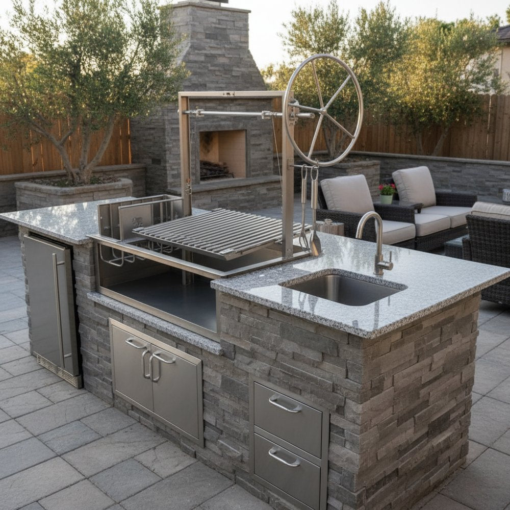 Stainless Steel Argentine Drop-In Grill with Firebox and Side Brasero by Heritage Backyard in an outdoor kitchen setting.
