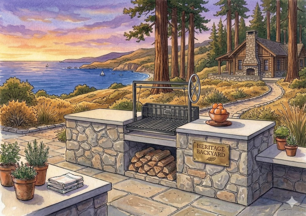 Argentine grill with rear brasero in a stone outdoor kitchen, adjustable height grate with side wheel and wood storage overlooking a coastal view