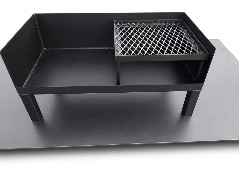 Dutch oven table and free-standing brasero with removable expanded steel grill platform for campfire cooking and coal preparation