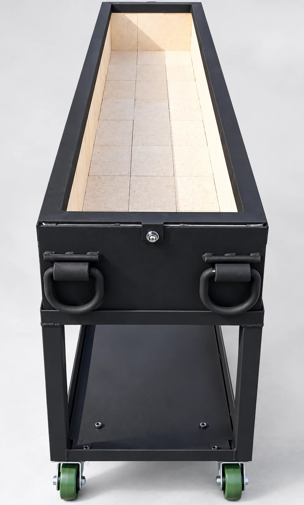 NSF Certified Model #4813 Commercial Ottoman-Style Charbroiler showing the open refractory brick-lined firebox, heavy-duty black steel construction, front handles, and integrated stand with casters