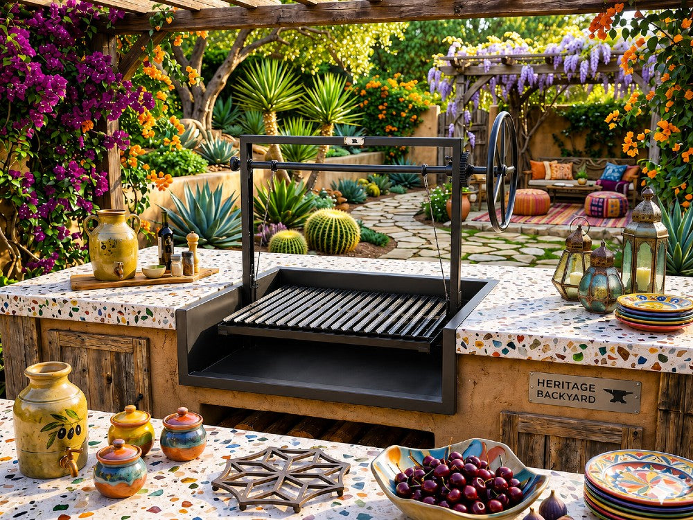 Built-in Argentine grill with black steel firebox and adjustable cooking grate installed in a Mediterranean-style outdoor kitchen with custom countertops and integrated firewood storage.