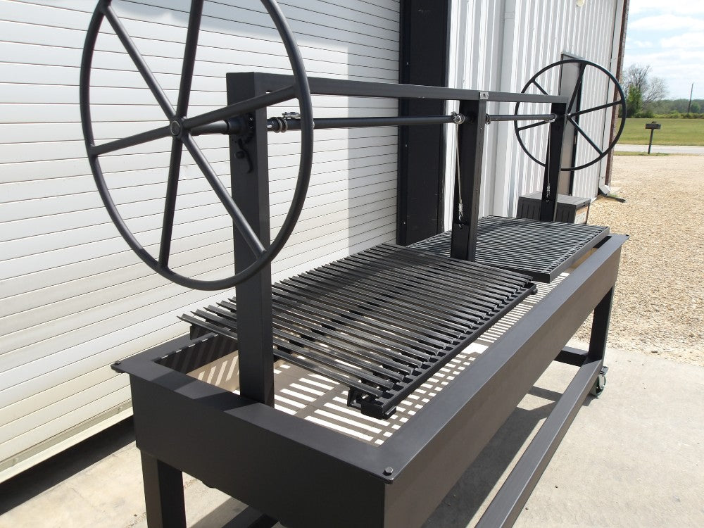 NSF certified brick-lined split charcoal grill Model 4999 with adjustable Argentine-style V-grate and square rod grate on independent height control wheels