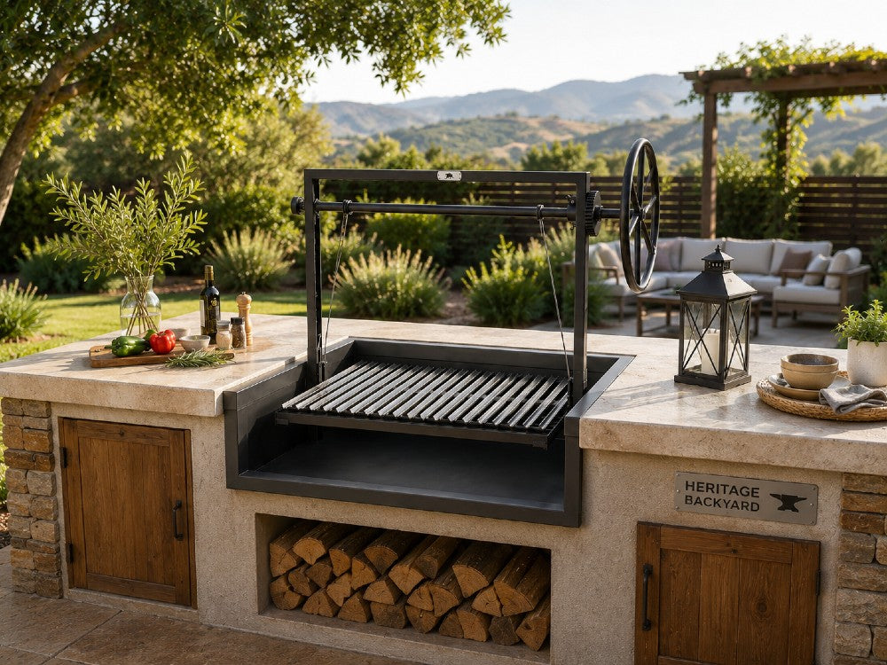 Open Front Argentine Built-In Grill with steel firebox and stainless steel V-grate installed in a custom outdoor kitchen with integrated firewood storage.