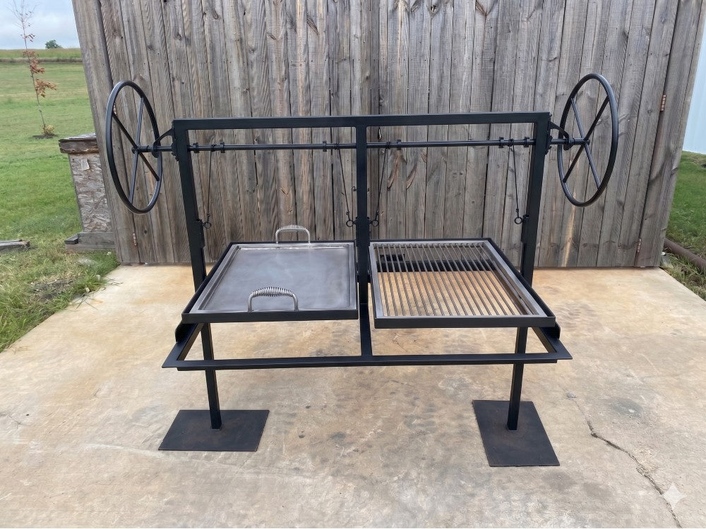 Split Santa Maria grill with one round rod grate and one plancha griddle, adjustable height with 4-sided flange for wood or charcoal cooking