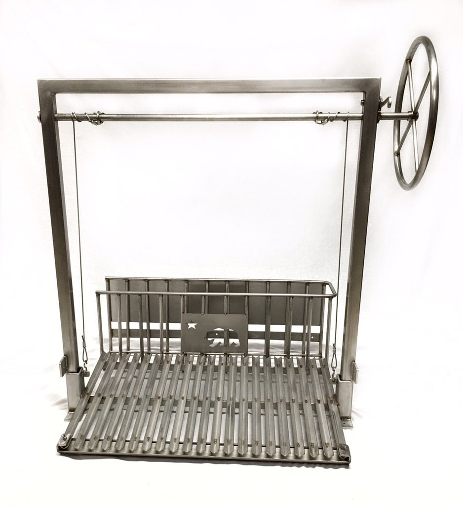 Argentine-style stainless steel grill with rear brasero and adjustable height grate, featuring a side wheel mechanism and round rod cooking surface for wood or charcoal grilling
