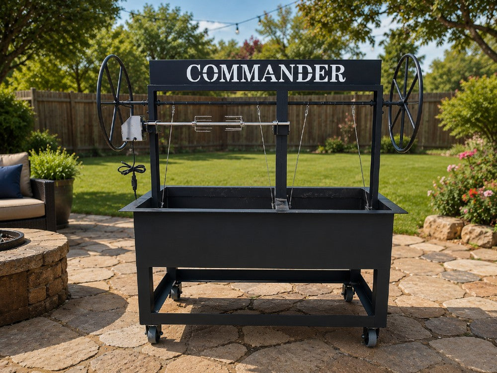 Commander Argentine and Santa Maria style wood fired grill in backyard setting with adjustable cooking grates and rotisserie