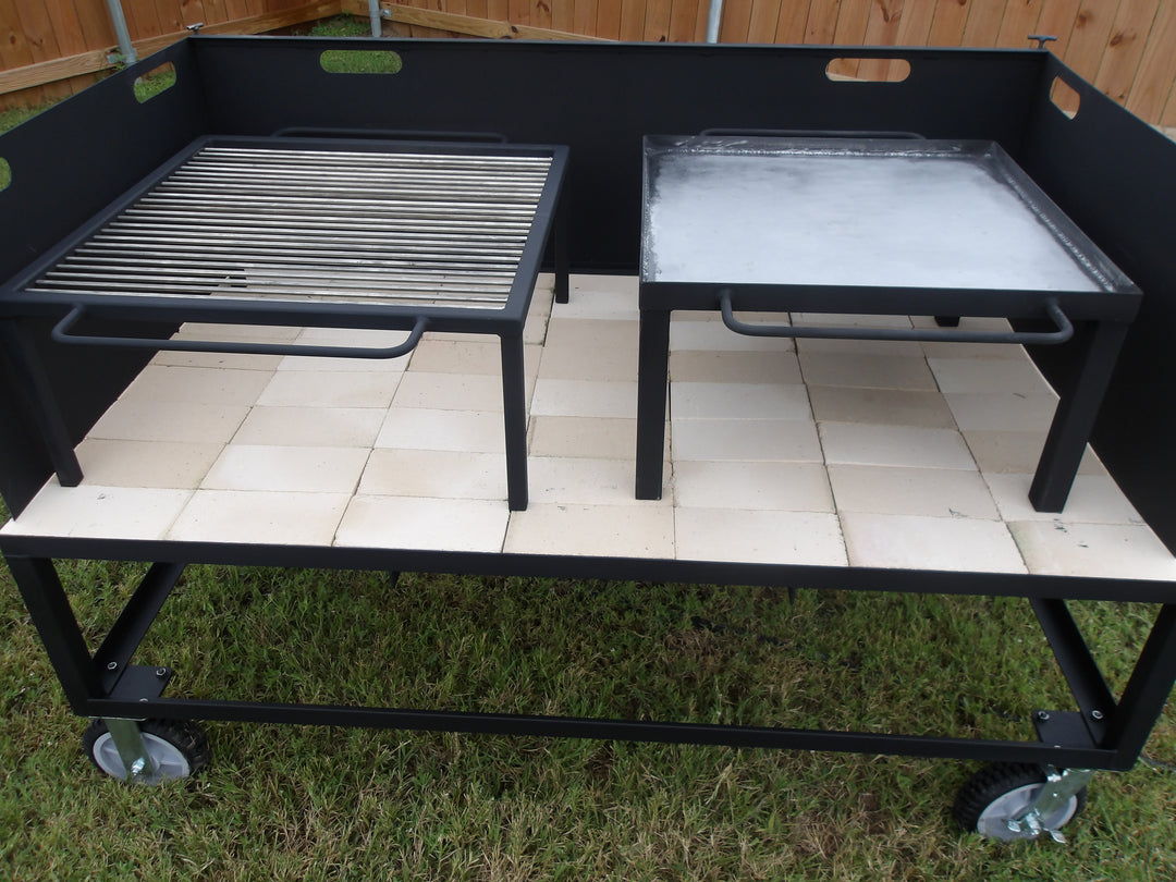 Exhibition Fire Table with All Terrain Casters, Asado Grill, Chapa, and a Three-Sided Wind Block