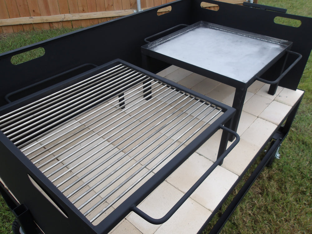 Exhibition Fire Table with All Terrain Casters, Asado Grill, Chapa, and a Three-Sided Wind Block