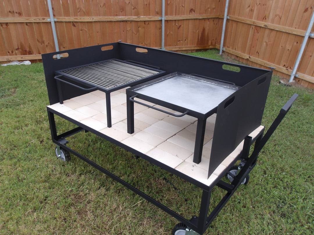 Exhibition Fire Table with All Terrain Casters, Asado Grill, Chapa, and a Three-Sided Wind Block