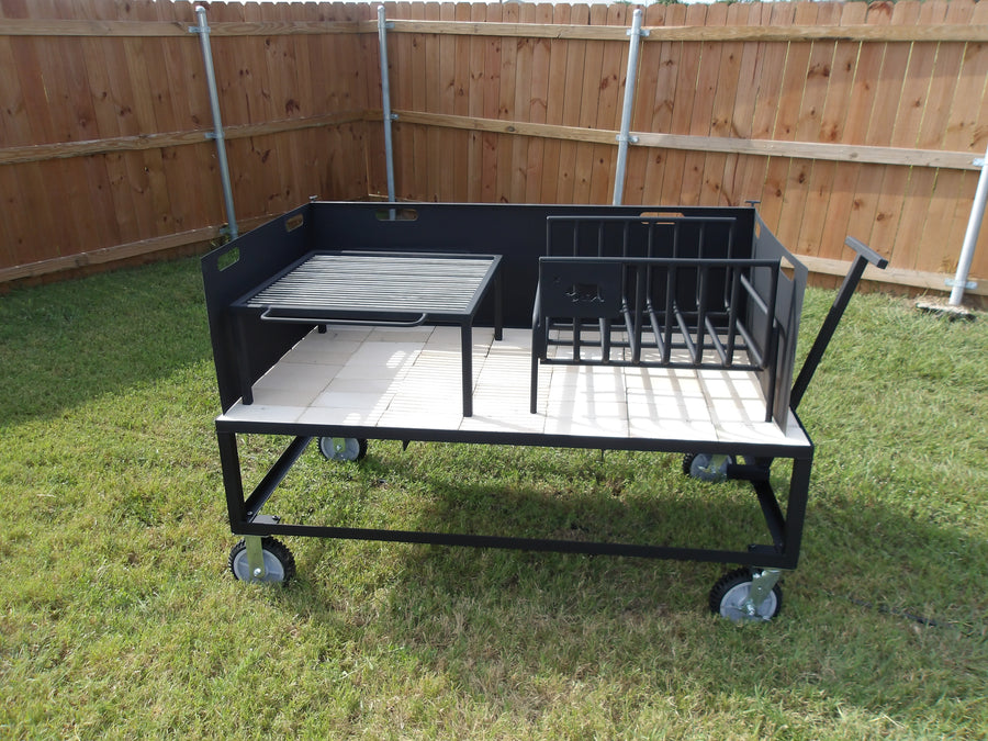 Exhibition Fire Table with All Terrain Casters, Small Asado Grill, Heavy Duty Large Brasero, and a Three-Sided Hinged Wind Block