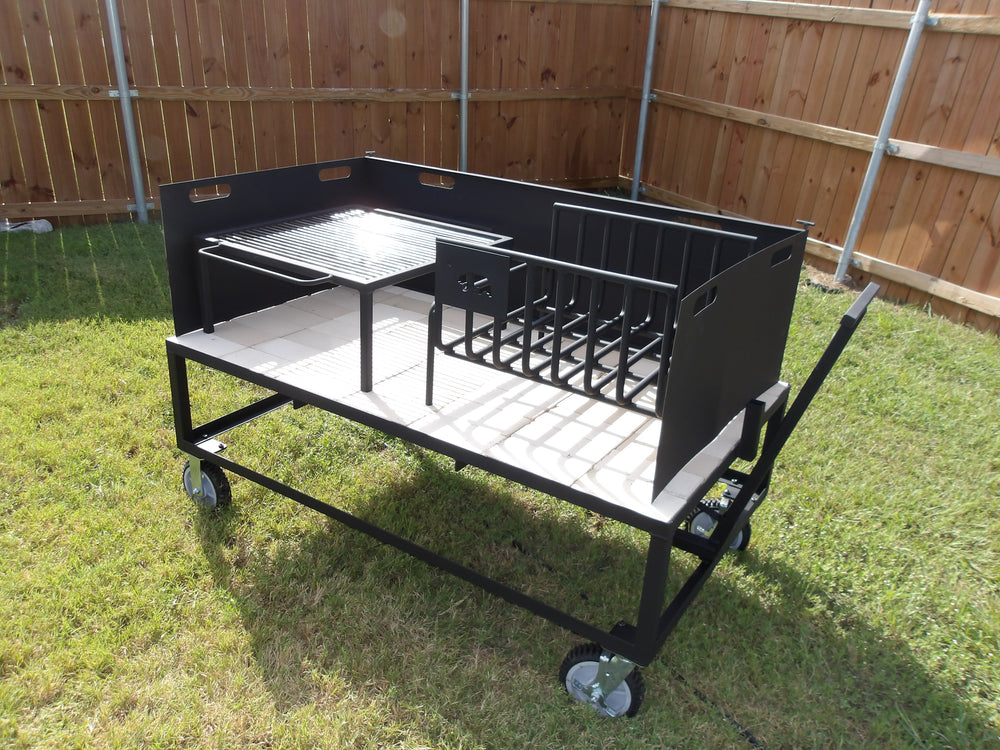 Exhibition Fire Table with All Terrain Casters, Small Asado Grill, Heavy Duty Large Brasero, and a Three-Sided Hinged Wind Block