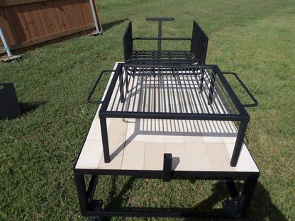 Exhibition Fire Table with All Terrain Casters, Small Asado Grill, Heavy Duty Large Brasero, and a Three-Sided Hinged Wind Block