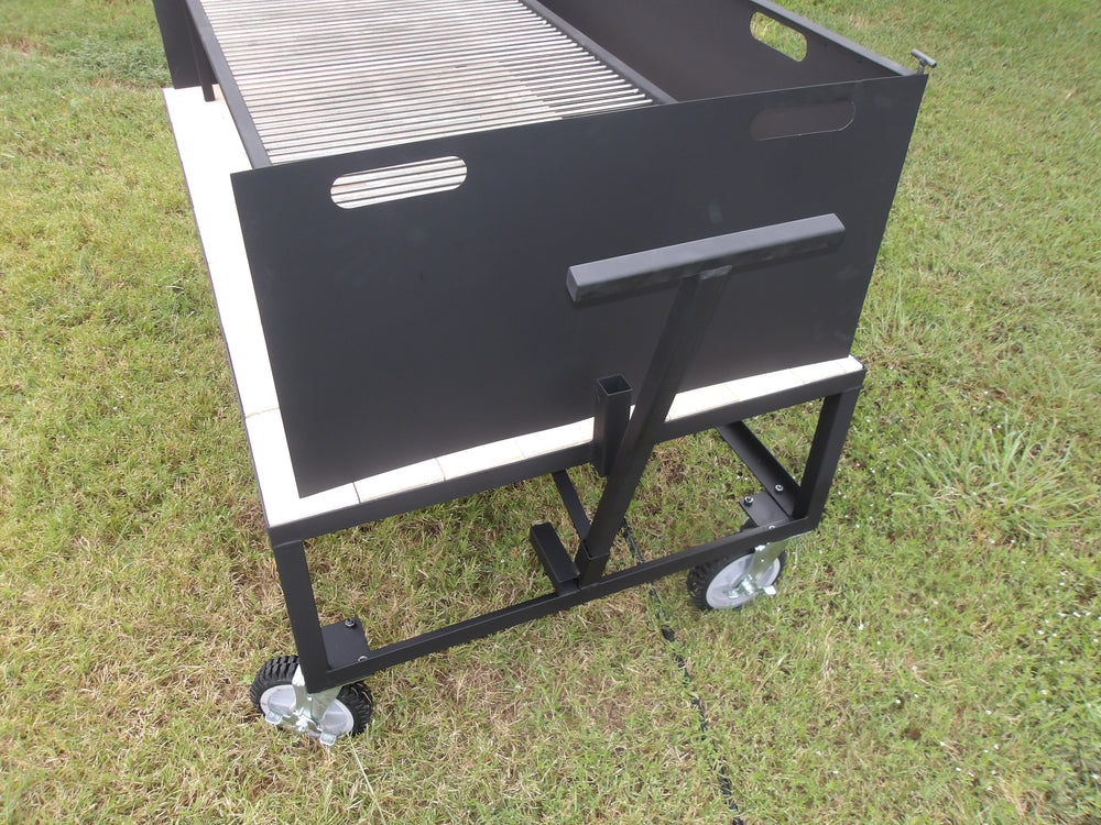 #0107 Exhibition Fire Table and Asado Grill with a Three-Sided Wind Block &amp; All Terrain Casters