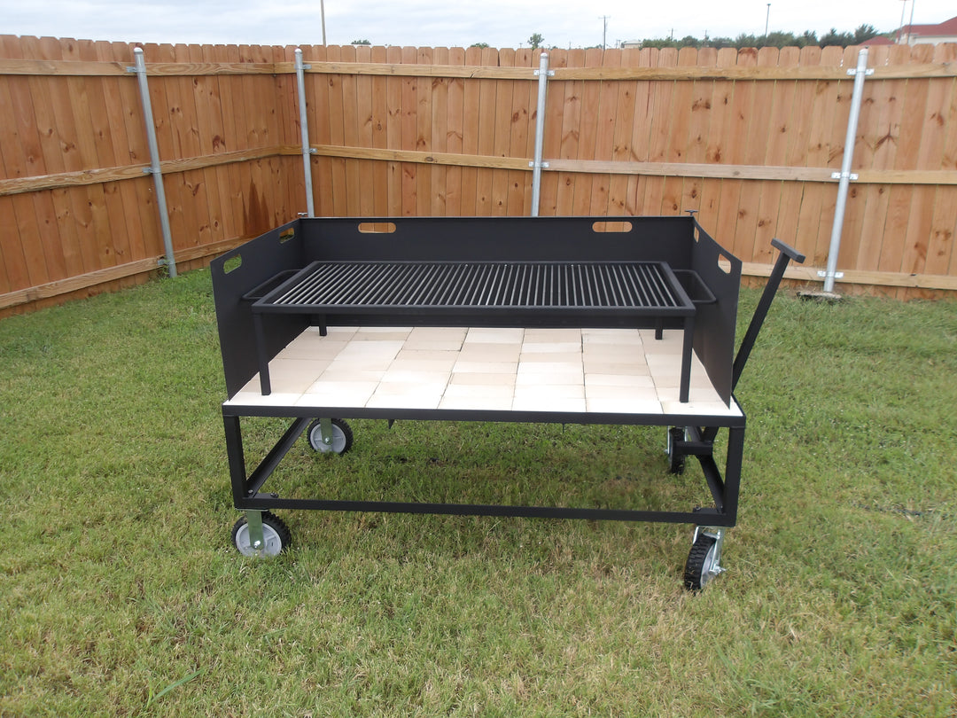 #0107 Exhibition Fire Table and Asado Grill with a Three-Sided Wind Block &amp; All Terrain Casters