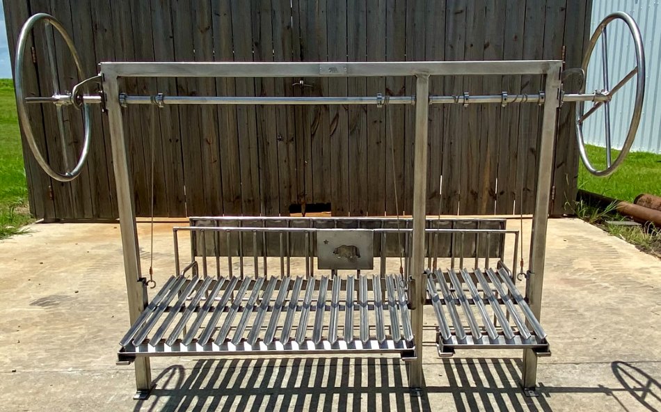 No Flange Split Argentine Grill Kit with rear brasero, slanted V-grates, and dual adjustable-height grates for a masonry firebox