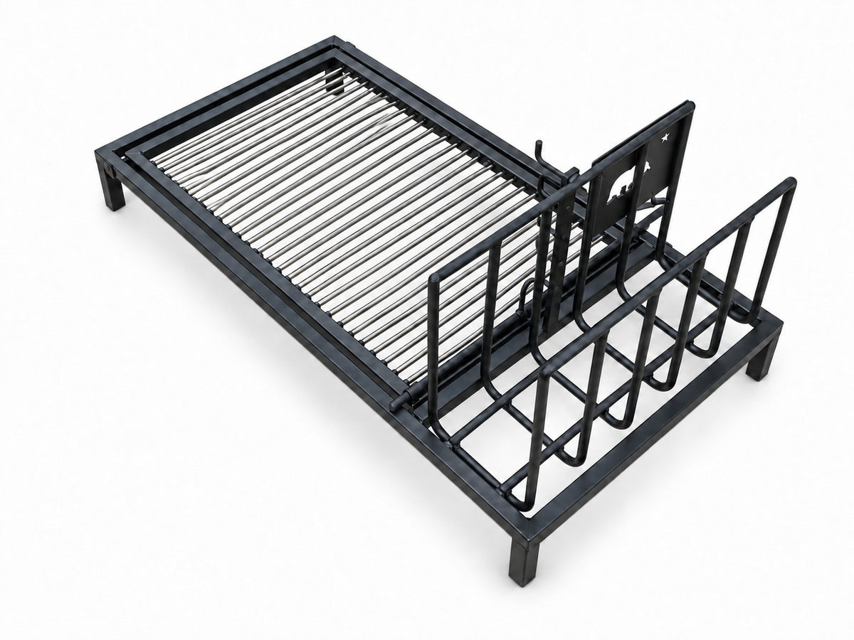 Overhead view of 45-inch Uruguayan grill kit and open-sided brasero